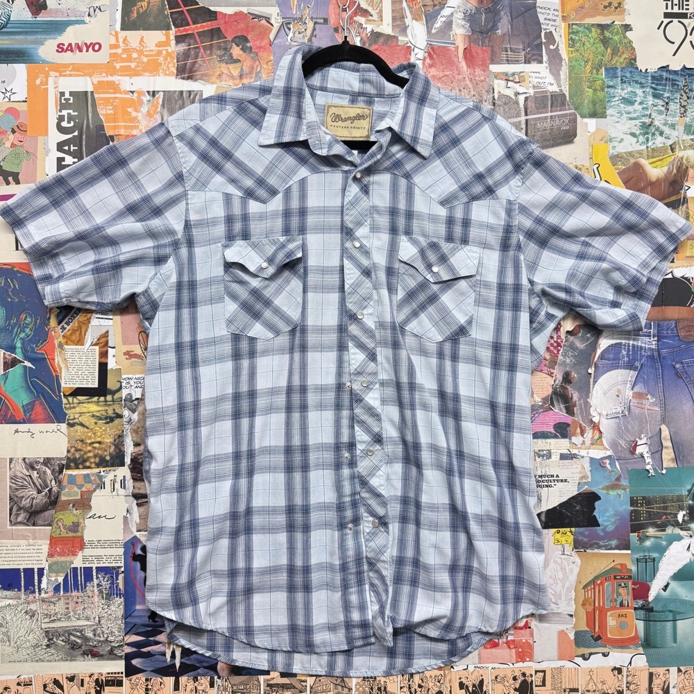 Wrangler Western Shirts‎ Mens Plaid Short Sleeve Pearl Snap Button Shirt Blue